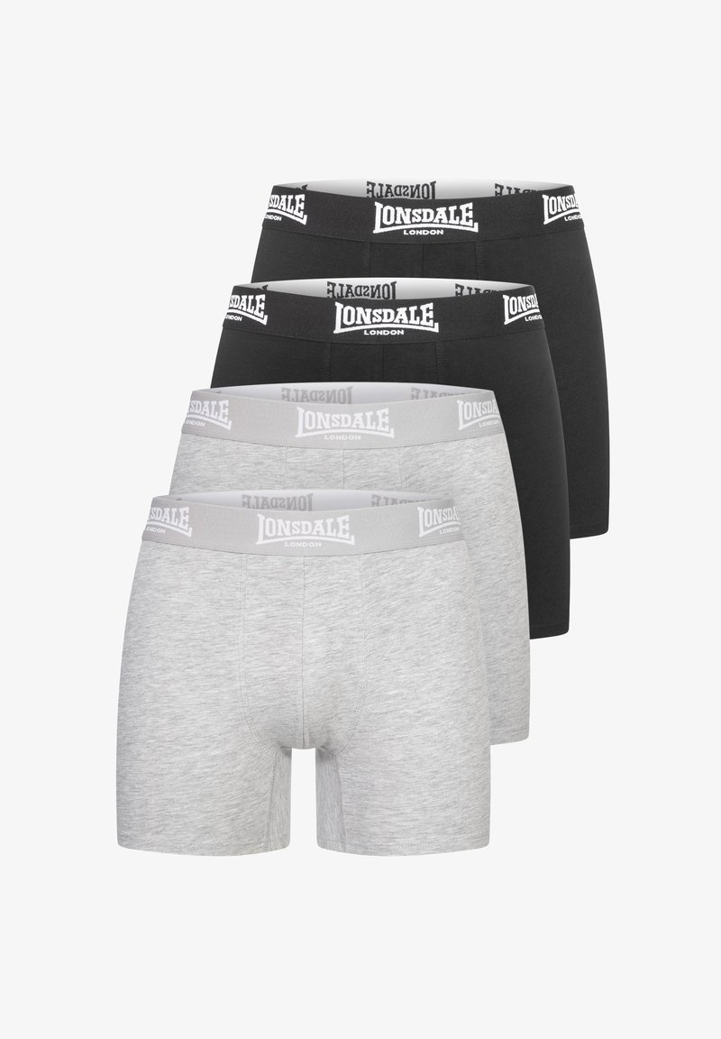 Štiri para bokseric v črni in sivi barvi, narejene iz mehkega materiala, z elastičnimi pasovi, na katerih je v belem napisana oznaka "LONSDALE LONDON".