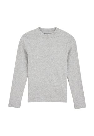 Chemise à manches longues grise en tissu côtelé. Col rond, design ajusté, sans motifs ni embellissements visibles.