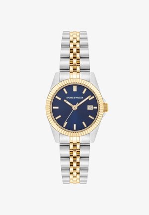 Silver and gold-tone wristwatch with a blue dial, a toothed gold bezel, and a date display. Features bold hour markers and a metal band.