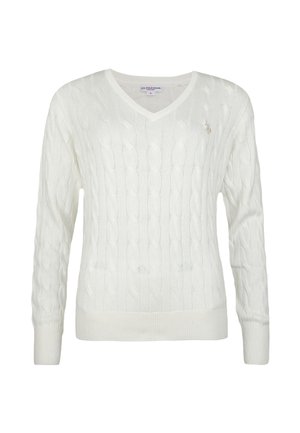 Weißer Strickpullover mit V-Ausschnitt und Zopfmuster. Lange Ärmel mit gerippten Bündchen und Saum. Dezentes Logodetail auf der Brust.