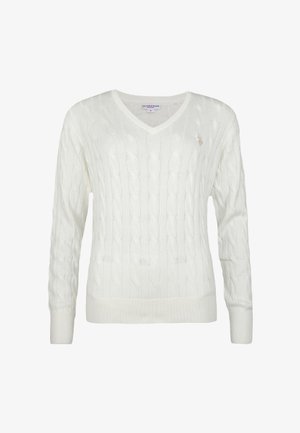 Fehér kötött pulóver V-nyakkivágással és kötött mintával. Hosszú ujjú, bordázott mandzsettákkal és szegéllyel. Finom logó részlet a mellkason.