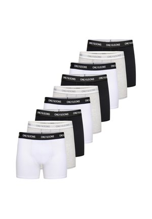 Nove paia di boxer da uomo in bianco, nero e grigio, disposti in una linea sfalsata con elastici con marchio "ONLY&SONS".