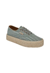 Sneaker in canvas grigio chiaro con suola piattaformata in juta intrecciata, design con lacci e un piccolo tag con logo sul lato. La parte superiore texturizzata presenta un motivo a quadri.