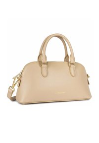 Borsa a mano in pelle beige con forma arrotondata, doppi manici e tracolla removibile. Presenta hardware color oro e chiusura con zip.