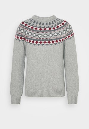 Light gray knitted sweater with a round neck. Features a patterned yoke in red, white, and gray. Ribbed cuffs and hem. Soft texture.