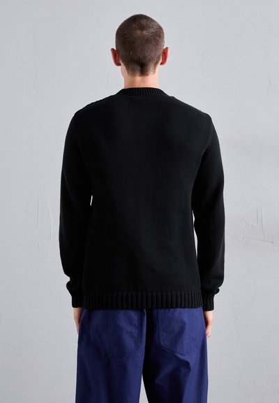 Pull en maille noir avec un ourlet et des poignets côtelés, présentant un simple design à col rond. La vue arrière montre une texture lisse.