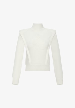 Weißer, gestrickter Pullover mit Stehkragen, strukturierten Schultern und einem zentralen Spatenlogo. Er hat lange Ärmel und einen figurschmeichelnden Saum.