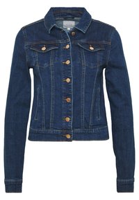 Mörkblå denimjacka med långa ärmar, framknäppning med knappar, två bröstfickor med lock och knappar samt sidofickor.