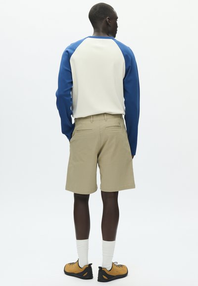 Tenue masculine composée d'une chemise à manches longues bleue et crème, d'un short kaki, et de chaussures de randonnée marron avec des chaussettes blanches. Design simple et pratique.