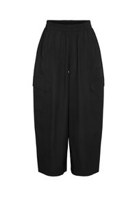 Crne cargo hlače s elastičnim pojasom, slobodnog kroja, bočnim džepovima i glatkom teksturom. Dizajn ima široke nogavice.