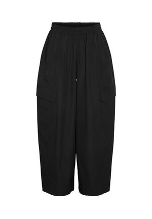Sorte cargo bukser med elastisk talje, løstsiddende pasform, sidelommer og en glat tekstur. Designet har en bred benform.