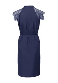 Navy dress featuring lace cap sleeves, a gathered waist, and a straight silhouette. Smooth fabric with a pleated back detail.
