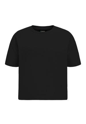 Czarny t-shirt z krótkim rękawem wykonany z mieszanki bawełny. Prosty krój z okrągłym dekoltem, prosty fason bez cekinów ani wzorów. Standardowe dopasowanie.