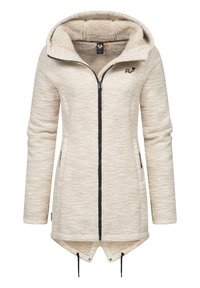 Veste en polaire beige avec fermeture éclair sur le devant, capuche, deux poches latérales et ourlet à cordon. Présente un tissu texturé et une fermeture éclair noire contrastante.