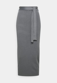 Šedá tužková sukně z elastického materiálu, s opaskem na zavazování v pase a elegantním, těsně přiléhavým siluetou.