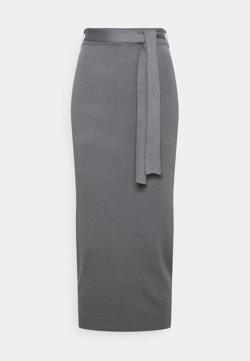 Šedá tužková sukně z elastického materiálu, s opaskem na zavazování v pase a elegantním, těsně přiléhavým siluetou.