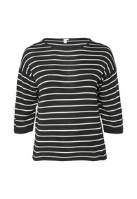 Top en tricot noir et blanc à rayures avec une coupe ample, un col large et des manches trois-quarts. Texture douce et design décontracté.