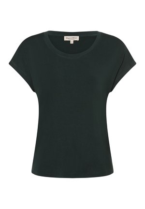 Dunkelgrünes T-Shirt mit kurzen Ärmeln, rundem Halsausschnitt und lässigem Schnitt. Weicher Stoff mit minimalen Nähte. Klassisches Design.