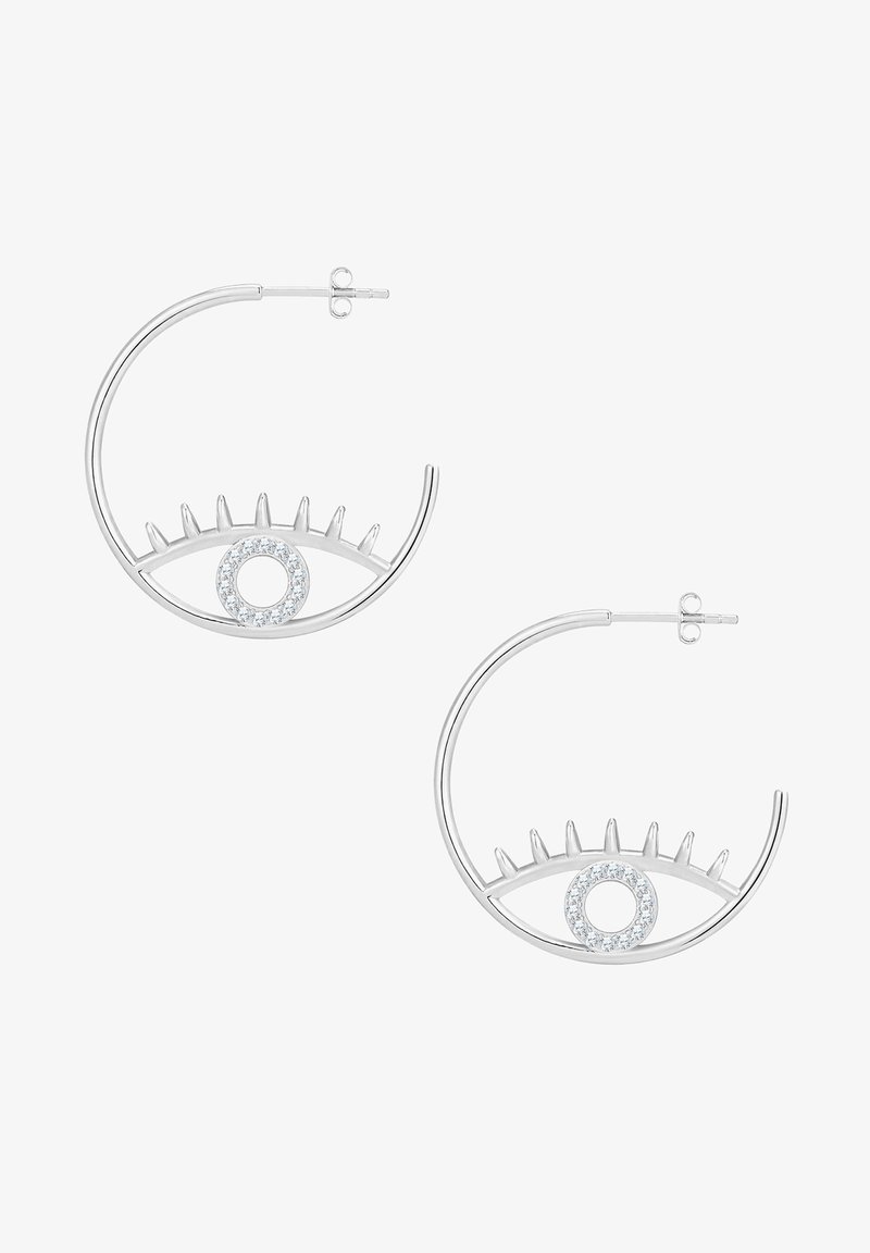 Silvriga hoops örhängen med ögondesign, med en cirkulär kristallaccent och piggar ovanför ögat. Polerad slät yta.