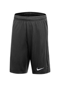 Shorts de sport noirs en tissu léger, avec une taille élastique et un logo Nike blanc en bas à gauche.