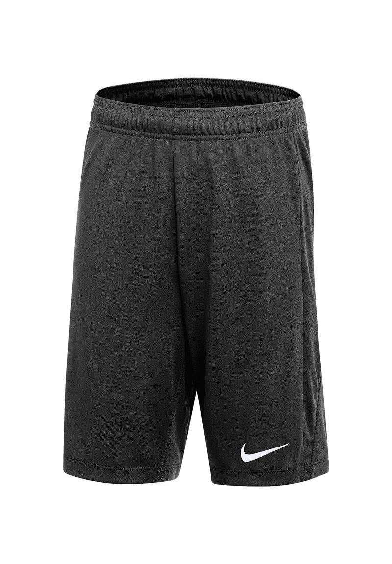 Shorts de sport noirs en tissu léger, avec une taille élastique et un logo Nike blanc en bas à gauche.