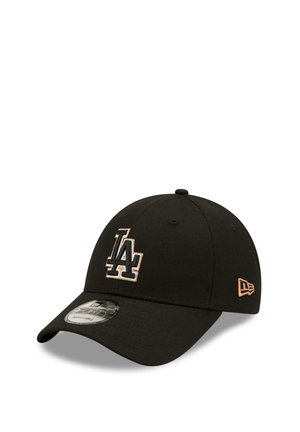 Black adjustable baseball cap with white and light pink "LA" logo on front and pink New Era logo on side.
