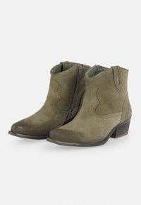 Botas de tobillo de ante verde oliva con cremallera lateral, diseño de costura curvada y tacón bajo apilado. Detalles texturizados en la puntera y el caño.