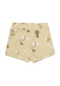 Bomullsshorts i ljusgul med ribbad textur, med ett lekfullt tryck av dinosaurier och luftballonger mot vita moln.
