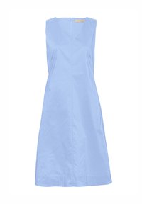 Light blue sleeveless dress with a V-neck and a straight design, crafted from smooth fabric, featuring a back zipper and knee-length hem.