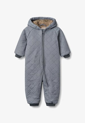 Harmaa, raidallisella kuviolla varustettu tikattu vauvan toppahaalari. Varustettu karvavuorillisella hupulla ja joustavilla hihojen resoreilla. Edessä on vetoketju, joka tekee pukemisesta helppoa.