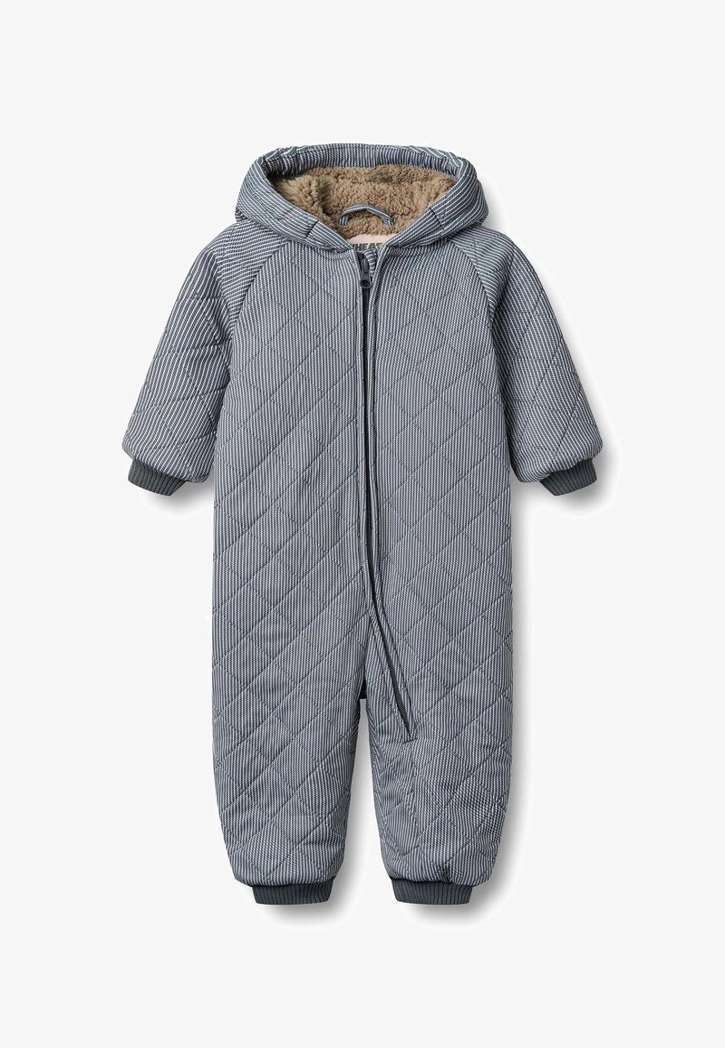 Pūķaina krāsas pelēks bērnu ziemas kombinezons ar svītrainu rakstu. Aprīkots ar kapuci, kas oderēts ar kažokādu, un elastīgām aprocēm. Priekšpusē rāvējslēdzēja aizdare ērtai valkāšanai.