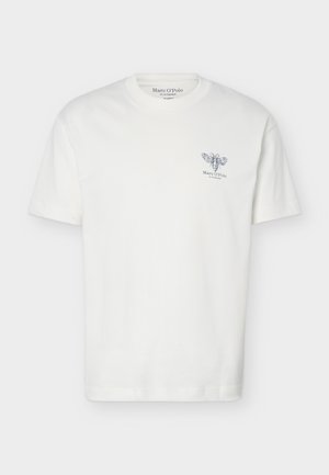 White short-sleeve crew neck T-shirt with black bee illustration and "Marc O'Polo" text on the left chest.
