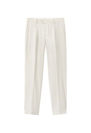 Pantaloni su misura color bianco sporco con passanti per cintura, bottone frontale, chiusura con zip, tasche laterali e design a gamba dritta.