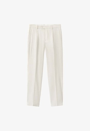 Pantaloni su misura color bianco sporco con passanti per cintura, bottone frontale, chiusura con zip, tasche laterali e design a gamba dritta.