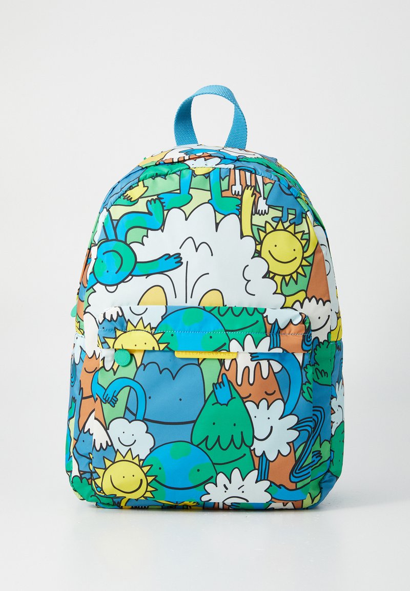 Multicolored backpack featuring playful, cartoon-like designs of sun, clouds, and mountains; made of durable fabric with a blue handle and zippers.
