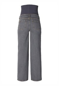Högt skurna grå denimjeans med elastisk midja, löst snitt och två bakfickor. Tyget verkar robust med minimal textur.
