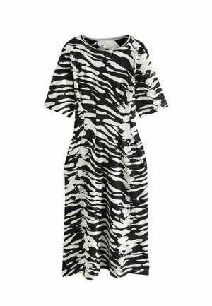 Schwarz-weißer Zebra-Print-Midikleid mit kurzen Ärmeln und Rundhalsausschnitt, tailliert.