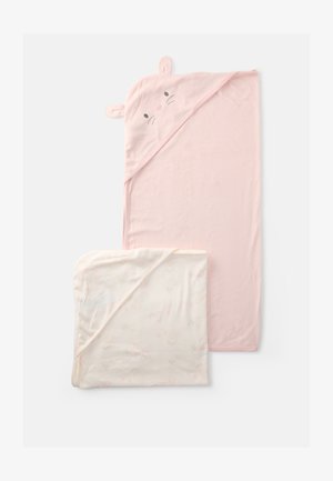 Roze babydeken met een konijnontwerp met oren en gelaatstrekken. Inclusief een crèmekleurige deken met subtiele pastel dierenpatronen.