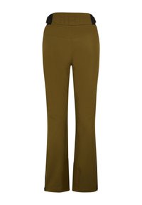 Olivgrüne Hose mit glatter Textur, breitem Bund, Reißverschlüssen am Saum und taillierten Nähten für eine figurbetonte Passform.