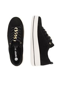 Baskets en daim noires avec une semelle plateforme blanche, dotées d'œillets et de lacets dorés, et d'un dessus texturé. Accentué par un logo à l'intérieur.