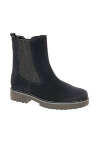 Marineblauwe enkellaarsjes met een suede afwerking, grijze elastische zijkanten en een stevige rubberen zool met antislippatronen.