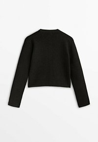 Pull court à manches longues noir avec un tissu texturé et un col rond, présenté à plat avec le dos vers le haut.