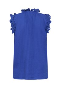 Kék ujjatlan blúz, a vállakon texturált, hímzett fodorral és sima hátrészel. Könnyű anyagból készült.