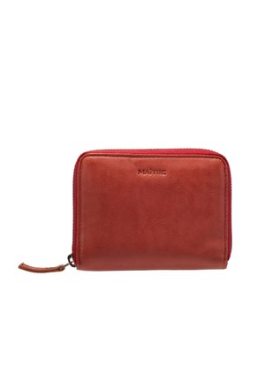 Red leather wallet with a zipper closure, featuring a smooth texture and embossed logo on front. Compact rectangular shape.