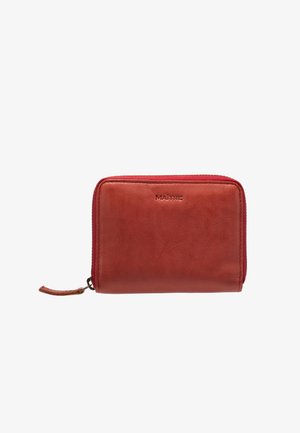 Portafoglio in pelle rossa con chiusura a zip, caratterizzato da una texture liscia e un logo impresso sul davanti. Forma rettangolare compatta.