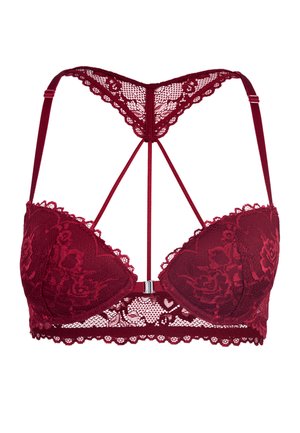 Soutien-gorge en dentelle bordeaux avec un motif floral, bretelles réglables et bords festonnés. Présente un dos décoratif avec un fermoir central.