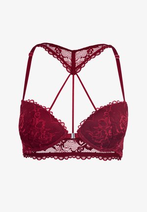 Soutien-gorge en dentelle bordeaux avec un motif floral, bretelles réglables et bords festonnés. Présente un dos décoratif avec un fermoir central.