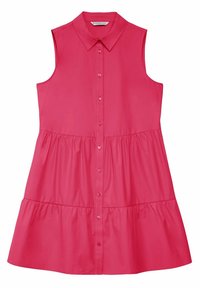 Vaaleanpunainen hihaton mekko, jossa on kauluskotka, nappikiinnitys edessä ja kerroksellinen hame. Valmistettu sileästä kankaasta, jossa on hienovarainen kiilto.