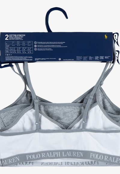 Komplet bralette iz raztegljive bombažne tkanine v sivi in beli barvi. Ima nastavljive naramnice in mehak, elastičen pas z logotipom "POLO RALPH LAUREN".