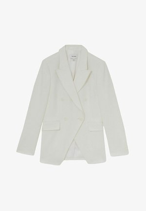 Beige Doppelreiher-Blazer mit taillierter Passform, Reverskragen, zwei Vorderseiten-Taschen und Knopfdetails an den Ärmeln.